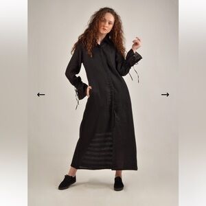 NWT Turn Black Aurora’s Magic Linen Maxi Shirt Dress Bell Sleeves Black Small